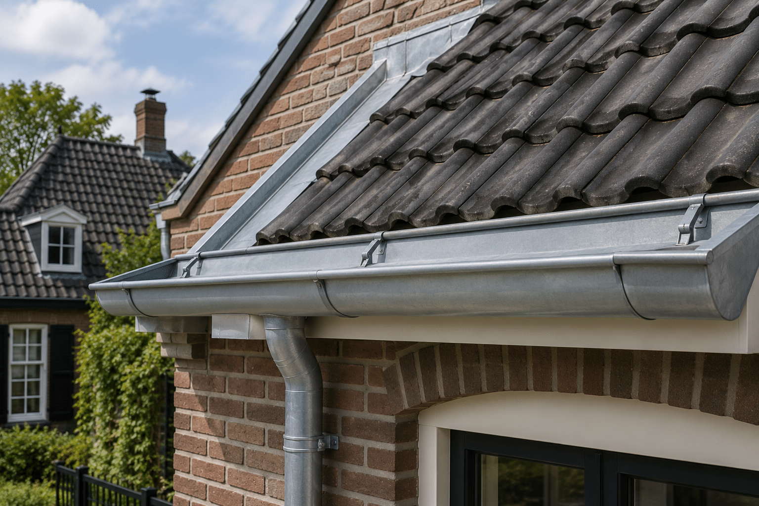 Zinken mastgoot langs de dakrand van een woning