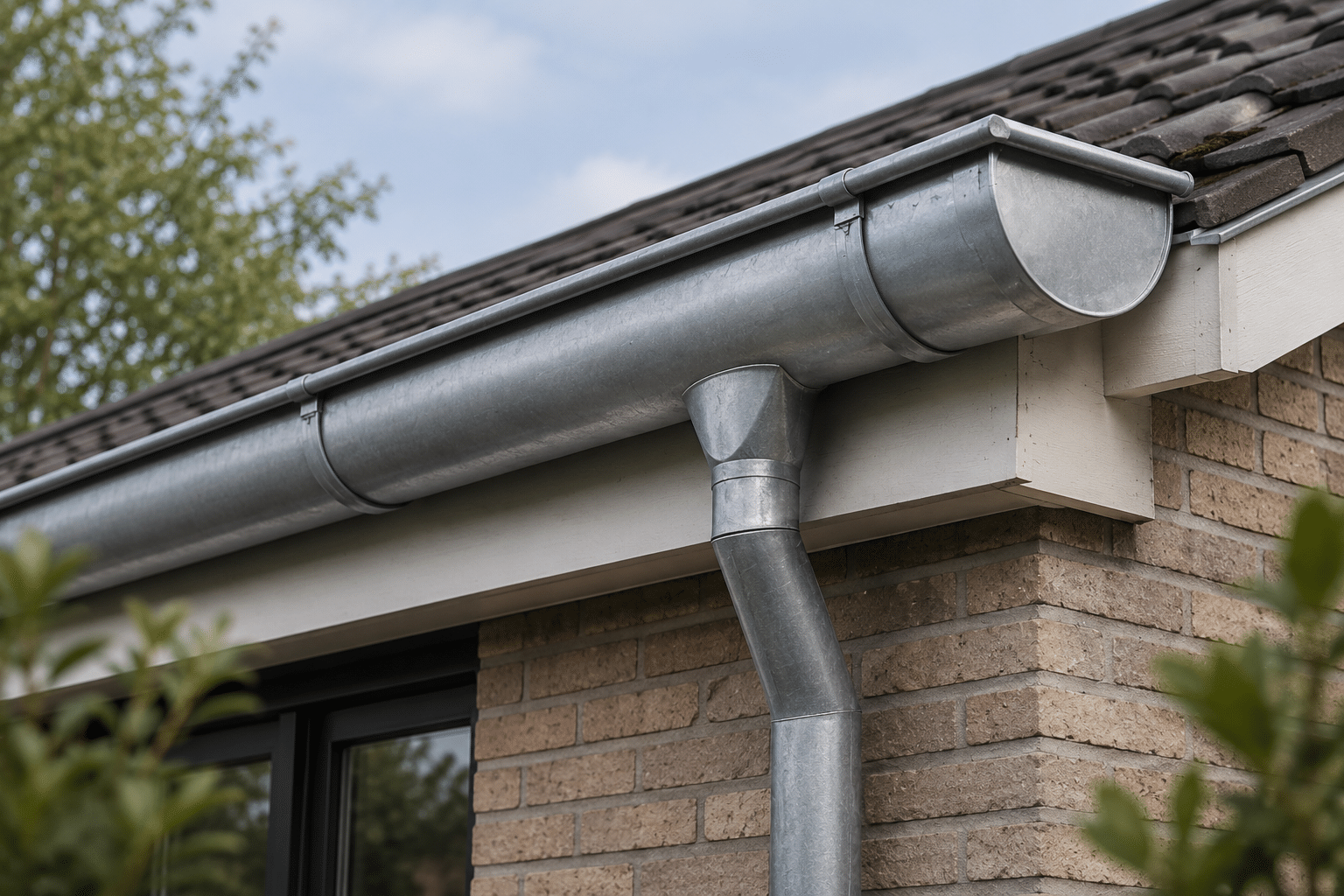 Zinken bakgoot ingebouwd in de dakrand met regenafvoer